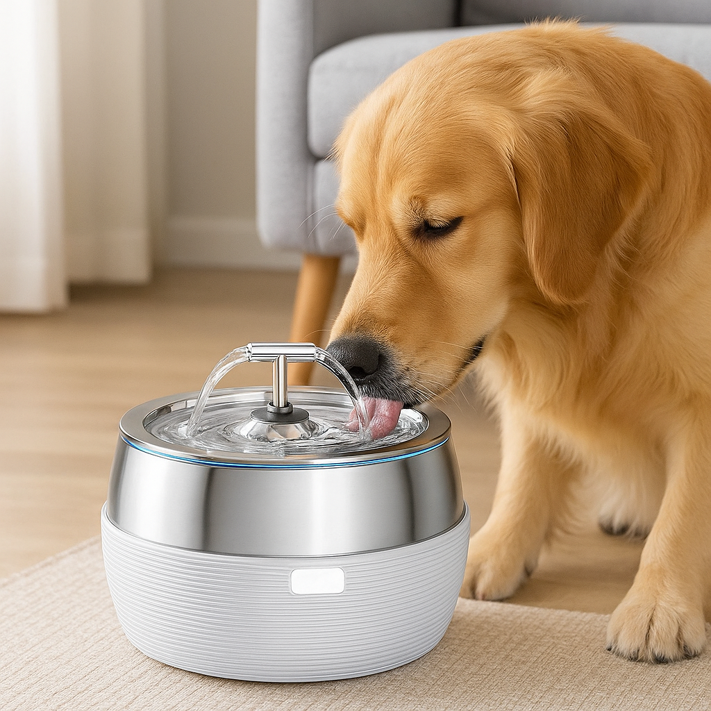 Fynn | Haustier Trinkbrunnen mit metallischer Oberfläche - Für Hunde und Katzen