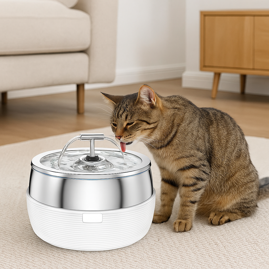 Fynn | Haustier Trinkbrunnen mit metallischer Oberfläche - Für Hunde und Katzen