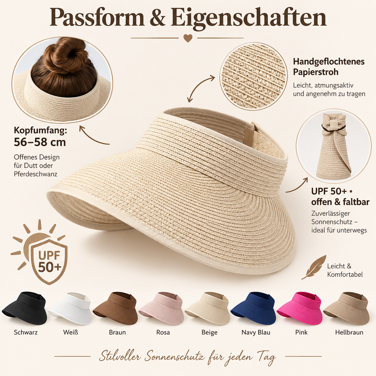 Damen Sommerhut UPF 50+ UV Stroh für Hundespaziergänge | Perdon