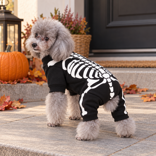Halloween Hundekostuem mit Skelettmotiv fuer Hunde