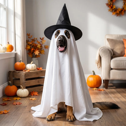 Halloween Hundekostüm Geist mit Hexenhut und Umhang für Hunde