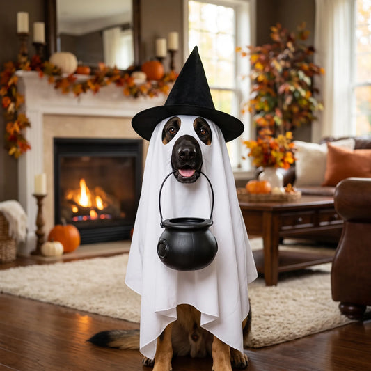 Halloween Hundekostüm Geist mit Hexenhut und Umhang für Hunde