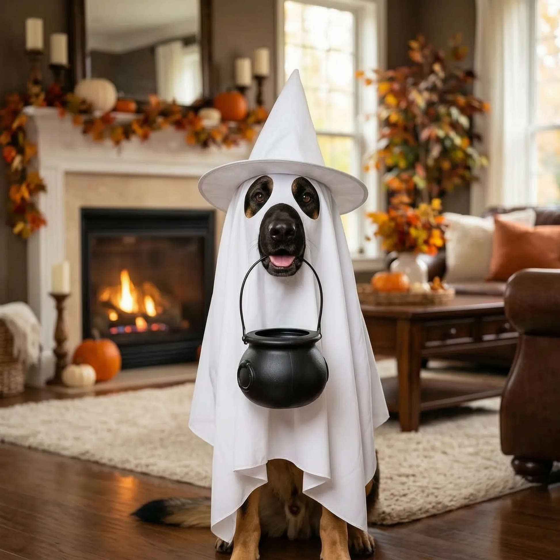 Halloween Hundekostüm Geist mit Hexenhut und Umhang für Hunde