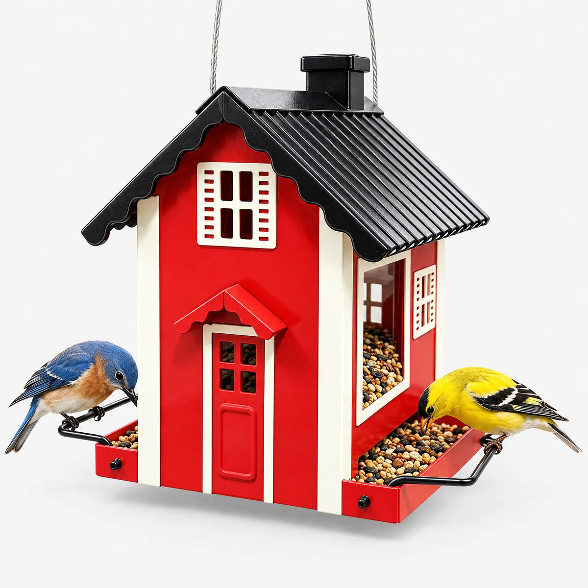Hausfoermiger Vogelfutterspender Mit Sitzstangen