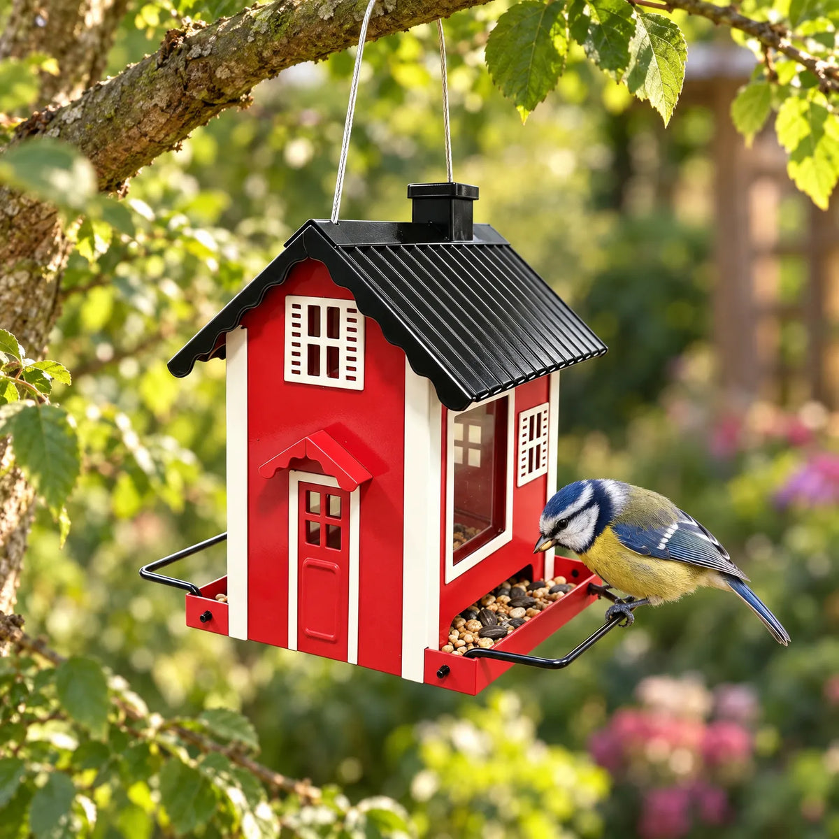 Hausfoermiger Vogelfutterspender Mit Sitzstangen