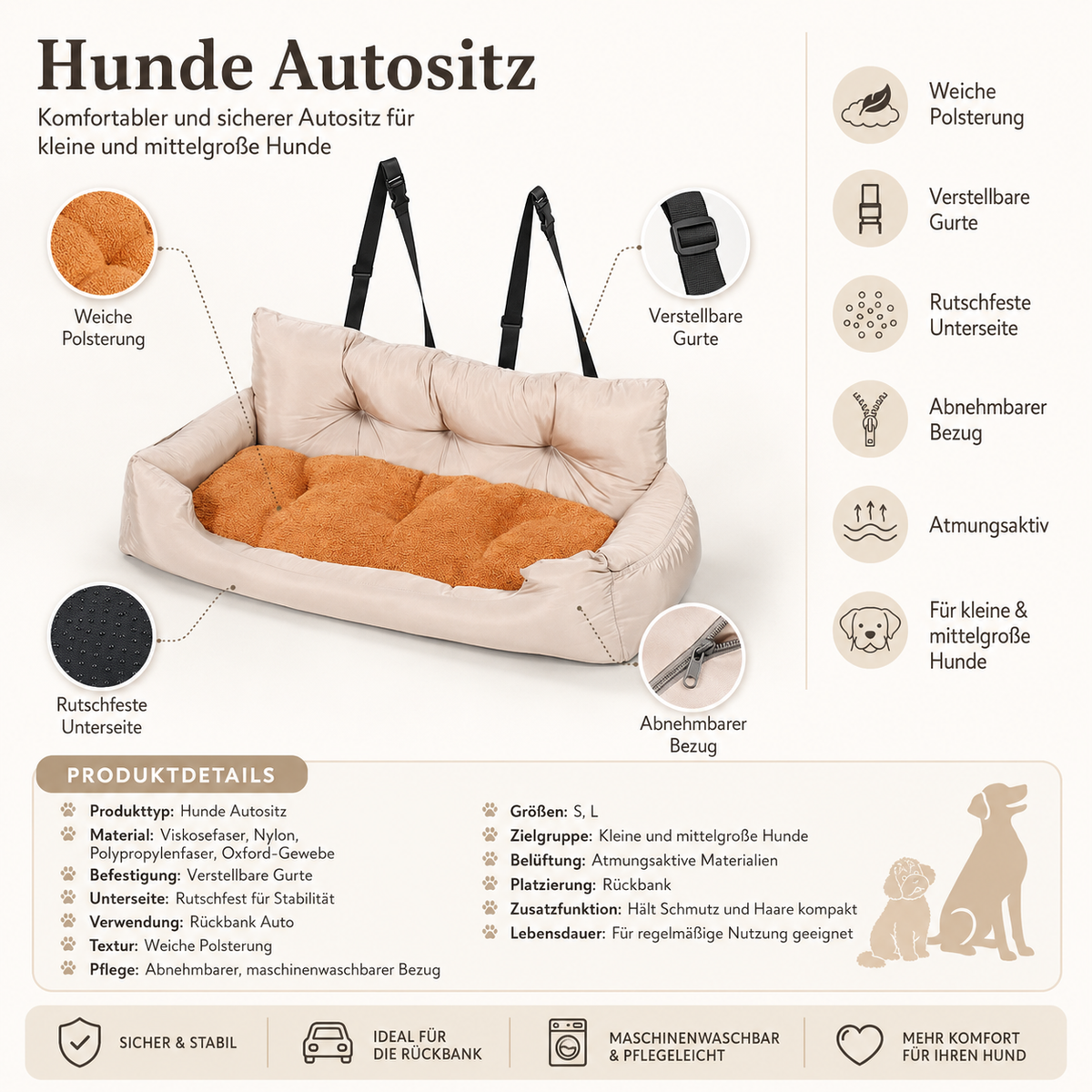 Hunde Autositz mit Gurten und rutschfester Unterseite | Vexley