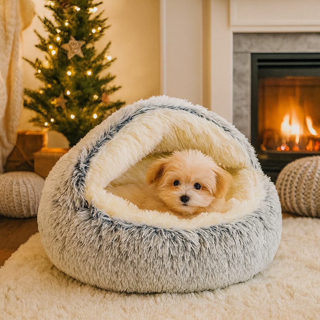 Hundebett mit Plüsch Liegefläche und geschütztem Versteckplatz | Tallo