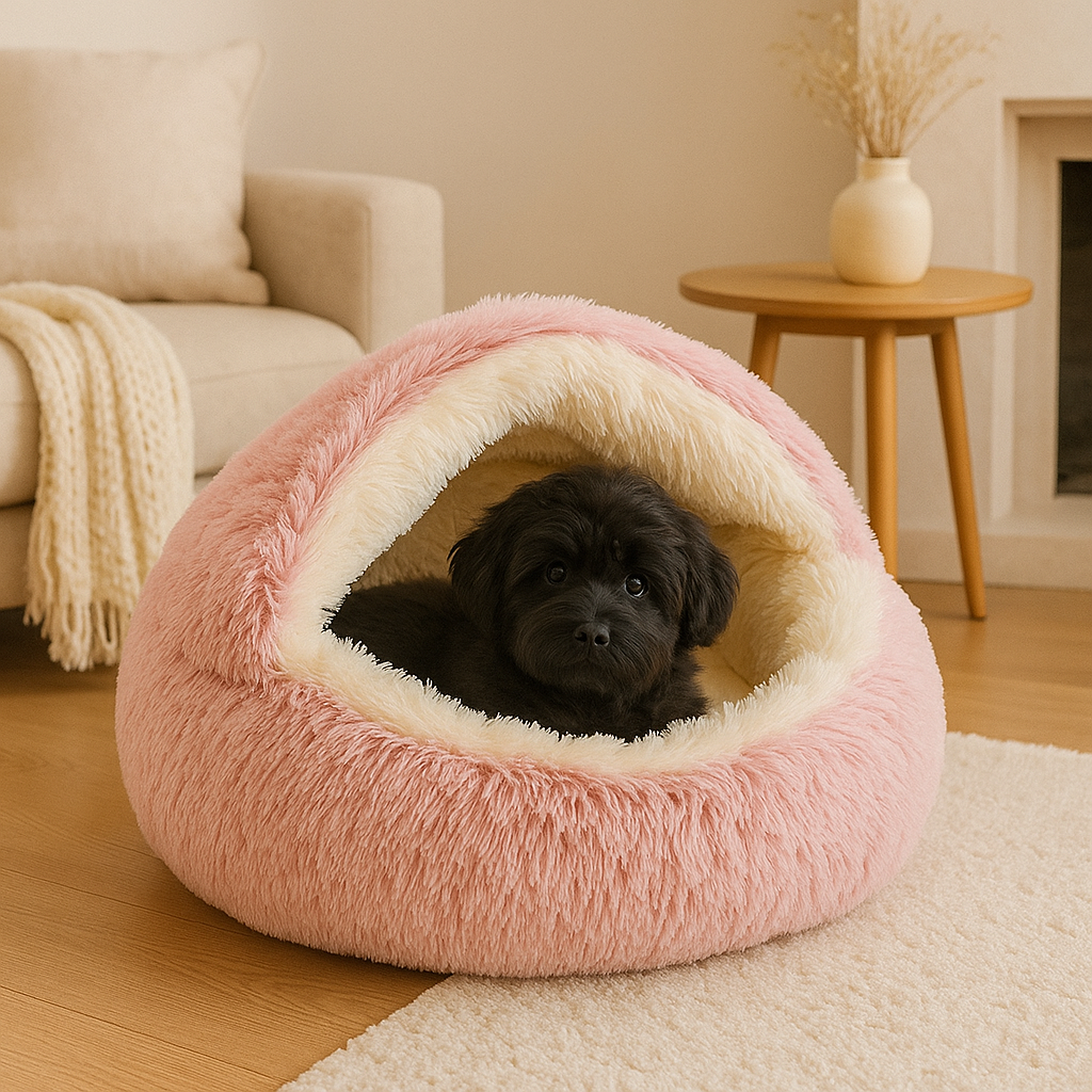 Hundebett mit Plüsch Liegefläche und geschütztem Versteckplatz | Tallo