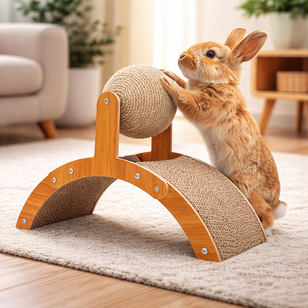 Kaninchen Kratzspielzeug Holzbrücke mit Sisal Spielball | Bunero