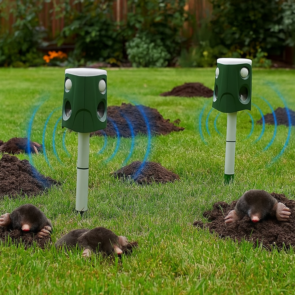 Maulwurfschreck mit 360° Ultraschall Erkennung für Maulwürfe Vögel und Katzen | Gravino