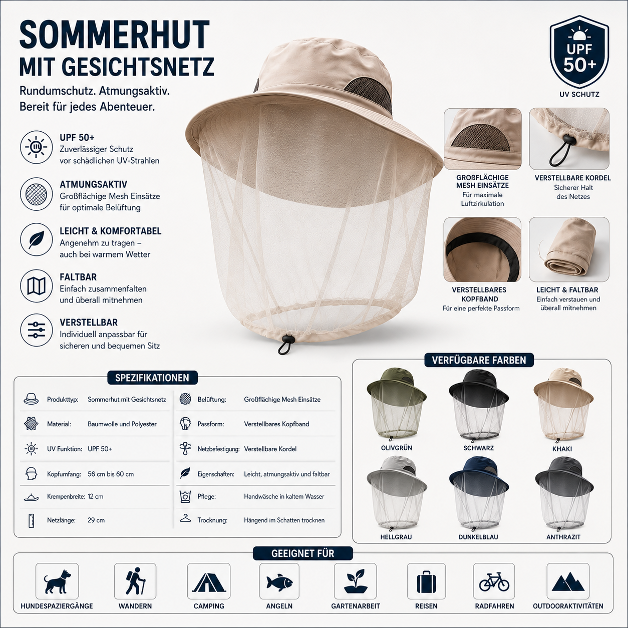 Sommerhut UPF 50+ UV mit Gesichtsnetz für Hundespaziergänge Invara